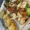 Garnalen met wok groente + gebakken polenta(funchi) en kaas